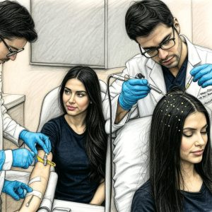 A charcoal sketch illustration depicting a medical procedure. On the left, a healthcare professional in a white coat and blue gloves is drawing blood from a patient's arm, with medical tools on a tray. On the right, another professional is performing a scalp treatment with a device, injecting a substance into a patient's hair, with yellow dots marking the injection sites.