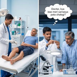 आपके जोड़ों में क्या छुपा है? जानिए Synovial Fluid Analysis के बारे में 1 A split-scene image set in a modern medical environment. On the left, a doctor in a white coat administers an injection to a patient's knee while the patient lies on an examination table. On the right, two individuals, including a doctor, examine a sample under a microscope in a lab, with a thought bubble reading "Doctor, kya isse meri samasya pata chalegi?" (Doctor, will this reveal my problem?).