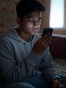 जेन ज़ी स्टेर (Gen Z Stare): खालीपन, या कोई और गहरी बात? 2 एक युवा भारतीय, जेन जेड, एक भारतीय शैली के कमरे में अकेले बैठा, हाथ में स्मार्टफोन लिए, खाली और विचारशील अभिव्यक्ति के साथ, खिड़की या स्क्रीन से नरम रोशनी में।