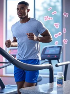 एल-कार्निटाइन (L-Carnitine) वज़न घटाने के लिए: क्या ये कोई जादुई गोली है या बस एक हवा? 1 एक व्यक्ति ट्रेडमिल पर हल्की जॉगिंग कर रहा है, जो एक ग्रे टी-शर्ट और नीले शॉर्ट्स में है। पास में एक सफेद एल-कार्निटाइन सप्लीमेंट की बोतल रखी है। पृष्ठभूमि में हल्के गुलाबी वसा अणु उड़ते हुए दिखाई देते हैं, जो ऊर्जा और स्वास्थ्य के संतुलित माहौल को दर्शाते हैं।