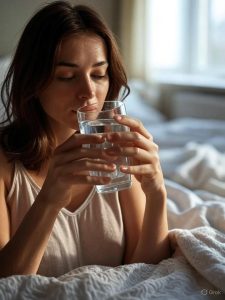 A woman drinking water in bed after waking up on the left side, and the same woman with bright skin on the right side, highlighting the benefits of morning hydration.