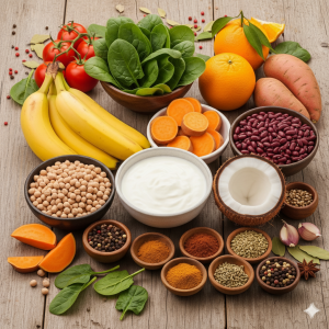 ताज़े भारतीय भोजन की एक रंगीन तस्वीर जिसमें केला, पालक, शकरकंद, राजमा और दही जैसे पोटेशियम से भरपूर खाद्य पदार्थ शामिल हैं।