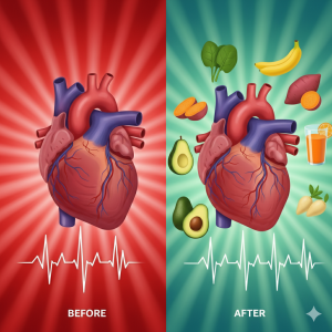एक तुलनात्मक तस्वीर जिसमें एक तरफ तनावग्रस्त दिल और दूसरी तरफ पोटेशियम से भरपूर आहार के बाद एक स्वस्थ दिल दिखाया गया है।