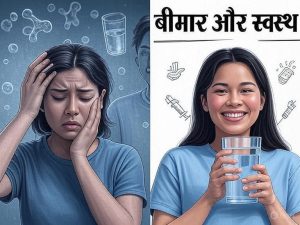 एक ग्राफिक जिसमें एक बीमार व्यक्ति और दूषित पानी-खाना दिखाया गया है, जबकि दूसरी ओर एक स्वस्थ व्यक्ति और साफ पानी दिखाया गया है।