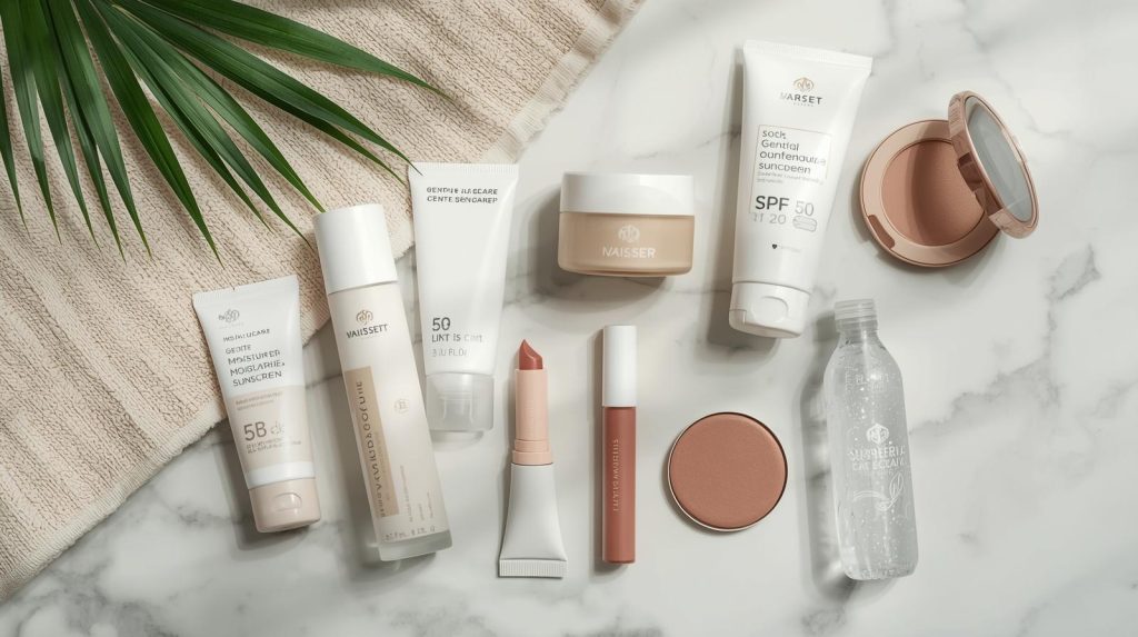 Skincare and makeup products on marble