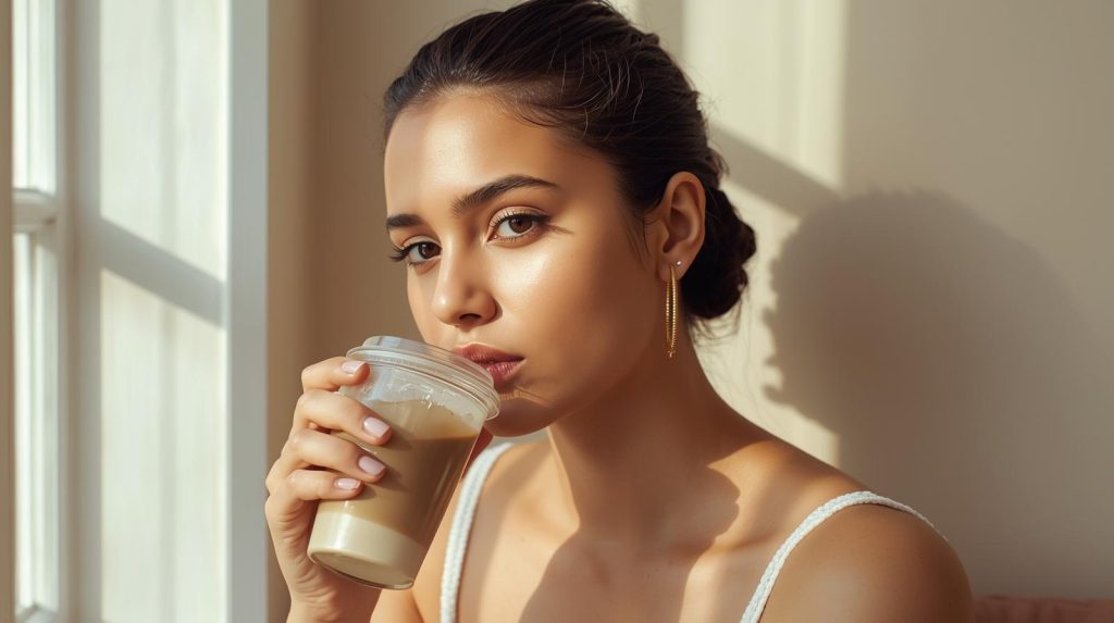 Woman holding a coffee cup.