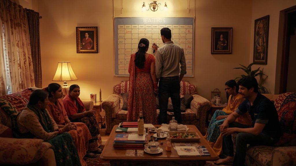 दोनों परिवारों के साथ त्योहार/मिलने की योजना बनाता कपल