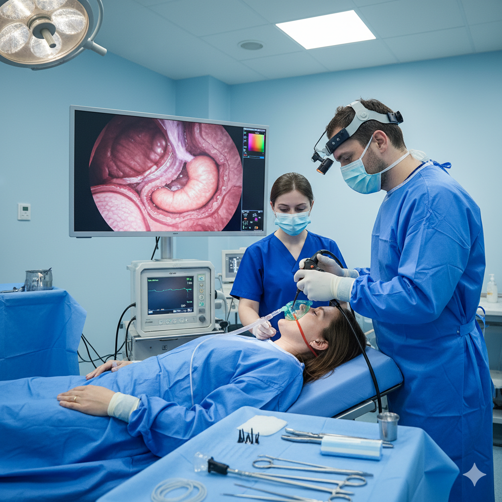Doctor performing endoscopy with a thin tube and camera while the patient lies on a hospital bed.