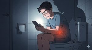 एक व्यक्ति शौचालय में फ़ोन पर स्क्रोल करते हुए दिख रहा है, उसके शरीर के निचले हिस्से में दर्द को दर्शाने वाला लाल घेरा है।