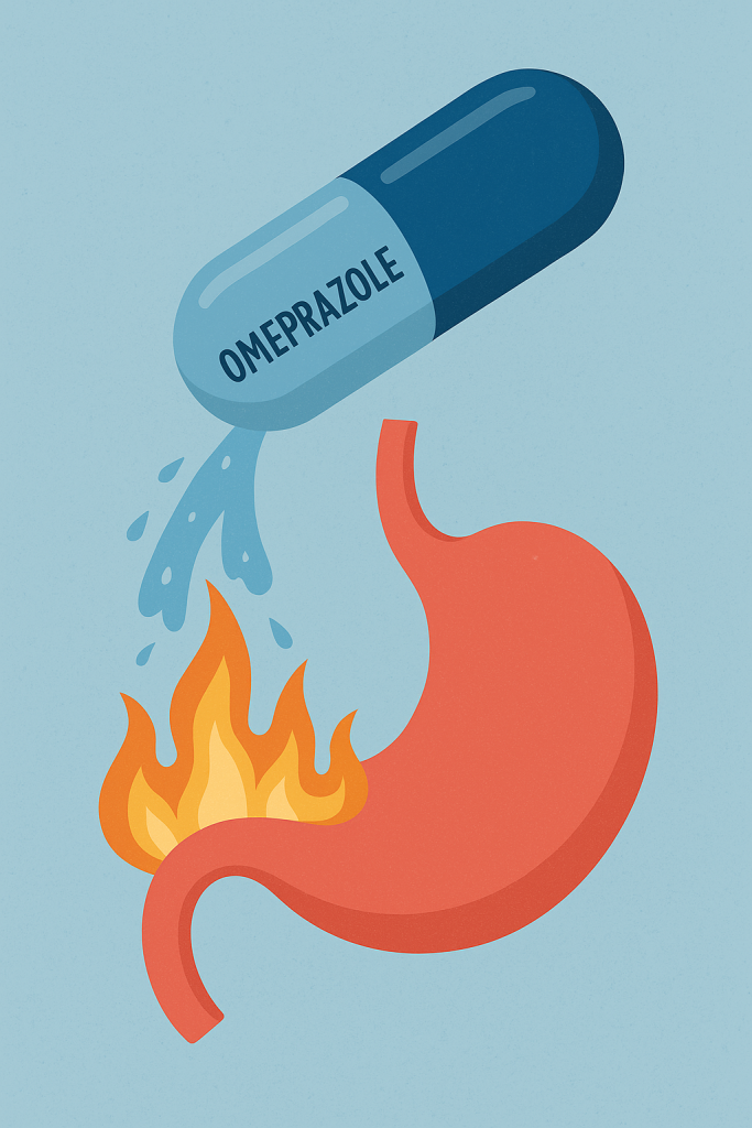 Illustration showing an Omeprazole capsule pouring water to extinguish flames rising from a stomach, symbolizing relief from acidity and heartburn