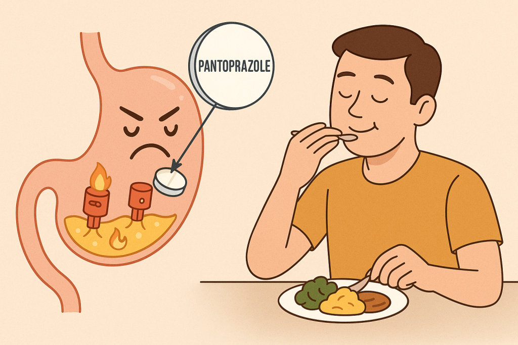 Illustration showing Pantoprazole tablet blocking acid pumps in the stomach to reduce acidity, while a patient eats food comfortably