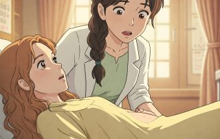 a female doctor, surprised, examines a patient, finding the baby developing outside the womb.