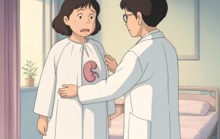 Studio Ghibli-style illustration of a standing woman in a hospital with a transparent view of her kidneys, being examined by a doctor.