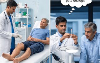 A split-scene image set in a modern medical environment. On the left, a doctor in a white coat administers an injection to a patient's knee while the patient lies on an examination table. On the right, two individuals, including a doctor, examine a sample under a microscope in a lab, with a thought bubble reading "Doctor, kya isse meri samasya pata chalegi?" (Doctor, will this reveal my problem?).