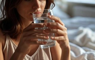 A woman drinking water in bed after waking up on the left side, and the same woman with bright skin on the right side, highlighting the benefits of morning hydration.