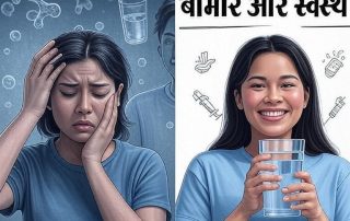 एक ग्राफिक जिसमें एक बीमार व्यक्ति और दूषित पानी-खाना दिखाया गया है, जबकि दूसरी ओर एक स्वस्थ व्यक्ति और साफ पानी दिखाया गया है।