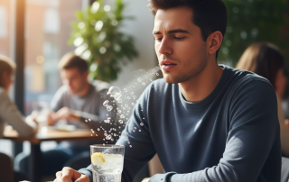 A person subtly burps after drinking sparkling water, with a slight visual effect of rising bubbles, in a bright, casual setting.