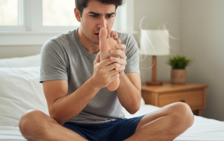 A person holds one bare foot towards their nose with a quizzical, slightly disgusted expression, as subtle wavy lines indicate a stronger smell coming from that foot compared to the other.
