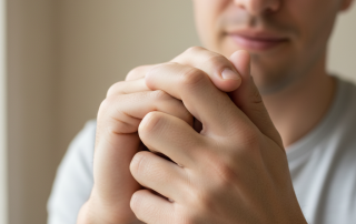 A close-up shot of a person's hands, with one hand gently cracking the knuckles of the other, illustrating the common action of knuckle cracking.