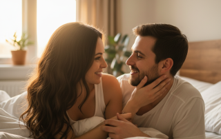 A couple lies in bed in the soft morning light, with the woman looking at the man with a tender, suggestive smile, illustrating morning desire and connection.
