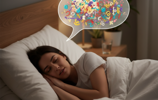 A person lies peacefully asleep in a cozy, dimly lit bedroom, with a faint, transparent speech bubble above their head indicating they are talking in their sleep.
