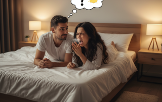 A man looks on with a confused and amused expression as his partner suddenly sneezes during an intimate moment in a cozy bedroom.