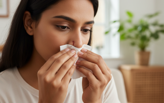 A person gently dabs a small trickle of blood from their nostril with a tissue, illustrating a common nosebleed, with a slightly concerned expression.