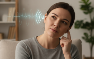A person sits in a quiet room, thoughtfully tilting their head and touching their ear, as faint ethereal sound waves appear near their ear, representing the internal "ting-ting" sound of tinnitus.