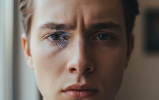 A close-up of a person's eye, with a subtle transparent 'vibration' effect indicating an eyelid twitch, showing a slightly concerned expression.