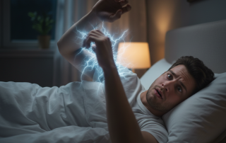 A person lies in a dimly lit bedroom, their arm slightly blurred and raised, showing a sudden 'hipnic jerk' just before falling asleep, with a startled expression.