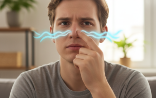 A person touches their nose with a curious expression, with subtle visual effects indicating easier airflow into one nostril and more constricted airflow into the other, illustrating the "nasal cycle."