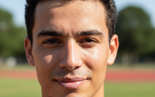 A close-up of a person's face after a workout, with visible sweat beads and a subtle shimmering effect of salt crystals on their skin and lips, illustrating why sweat is salty.