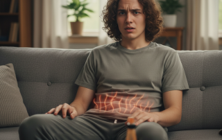 A person sits on a couch with a slightly uncomfortable expression, as faint heat waves subtly emanate from their lower body, indicating a burning sensation after passing gas.