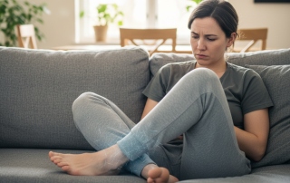 A person sits on the floor with a mild look of discomfort as faint shimmering "pins and needles" appear on their foot, symbolizing a numb leg.