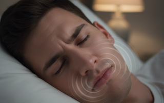 A close-up of a person sleeping in bed with a subtly clenched jaw and faint visual effects indicating teeth grinding, suggesting the phenomenon of bruxism.