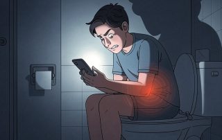 एक व्यक्ति शौचालय में फ़ोन पर स्क्रोल करते हुए दिख रहा है, उसके शरीर के निचले हिस्से में दर्द को दर्शाने वाला लाल घेरा है।