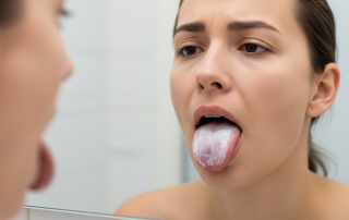 person looks at their tongue in a bathroom mirror, showing a white film on the surface, illustrating the common issue of a white-coated tongue.