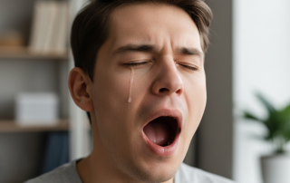 A person yawns widely, with squinting eyes and a single tear visible at the corner of one eye, illustrating why eyes water during a yawn.