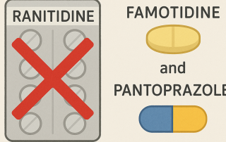 Illustration showing Ranitidine blister pack with a red cross mark, and alternatives Famotidine tablet and Pantoprazole capsule depicted as safe options