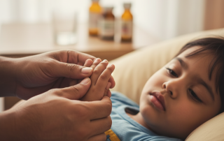 A parent gently holds a child's hand while the child lies looking unwell, with blurred medicine bottles in the background, conveying care and concern