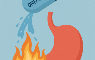 Illustration showing an Omeprazole capsule pouring water to extinguish flames rising from a stomach, symbolizing relief from acidity and heartburn