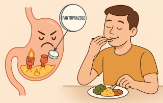 Illustration showing Pantoprazole tablet blocking acid pumps in the stomach to reduce acidity, while a patient eats food comfortably